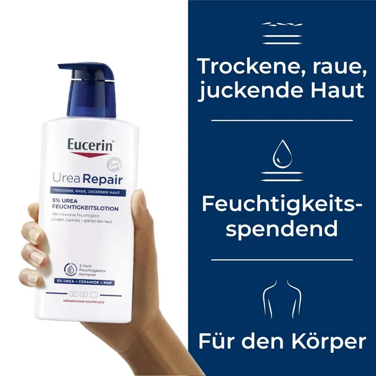 shopapotheke Eucerin® UreaRepair 5% Urea Feuchtigkeitslotion – 48h intensive Pflege für trockene bis sehr trockene Haut - Jetzt 20% sparen mit Code "eucerin20" + Eucerin AtopiControl Hydro-Lotion 20ml GRATIS Blitzangebot