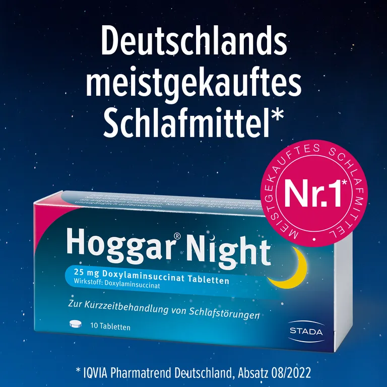 shopapotheke Hoggar® Night Tabletten: Nicht nur einschlafen sondern durchschlafen. 25 mg Doxylaminsuccinat Schlaftabletten für die Kurzzeitbehandlung von akuten Schlafstörungen Kostenlose Rückgabe