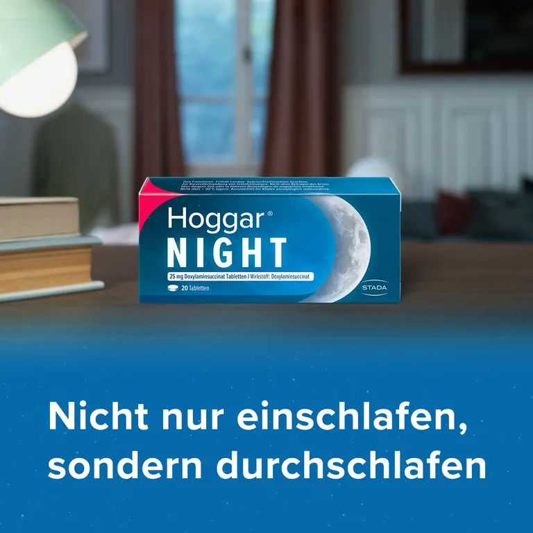 shopapotheke Hoggar® Night Tabletten: Nicht nur einschlafen sondern durchschlafen. 25 mg Doxylaminsuccinat Schlaftabletten für die Kurzzeitbehandlung von akuten Schlafstörungen Kostenlose Rückgabe