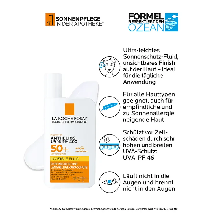 shopapotheke La Roche Posay Anthelios Invisible Fluid UVMune 400 LSF 50+: Sonnencreme für das Gesicht für zu Sonnenallergie neigende und empfindliche Haut Begrenzt auf 3 Tage