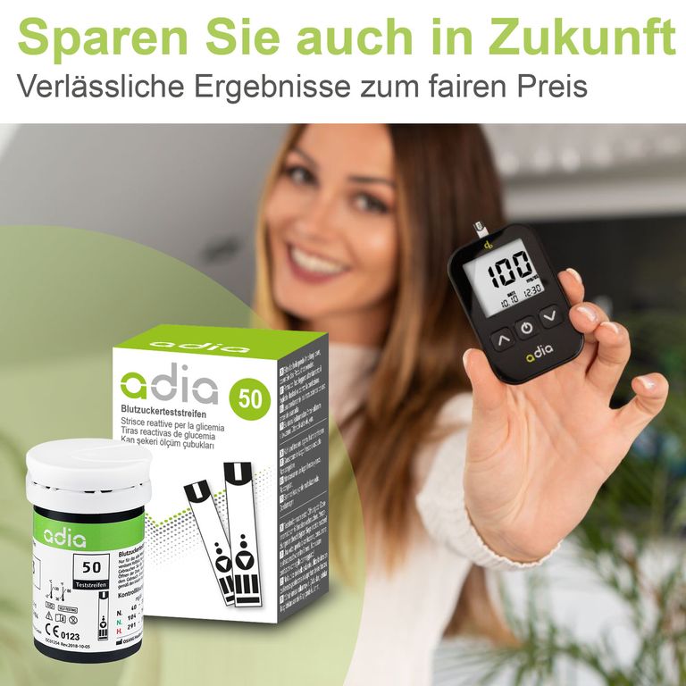 shopapotheke adia Blutzuckerteststreifen 50 Stück Blutzucker-Selbstkontrolle bei Diabetes 50% Rabatt mit kostenlosem Versand