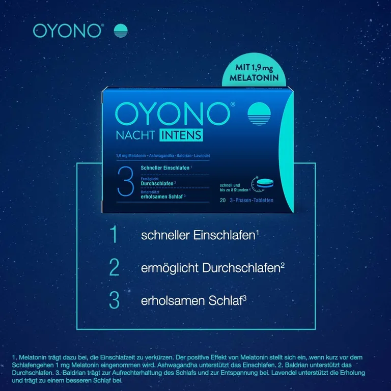shopapotheke OYONO® Nacht Intens mit 1 9mg Melatonin und Ashwagandha Baldrian Lavendel - Jetzt 10% mit dem Code klosterfrau2025 sparen* Osterangebot