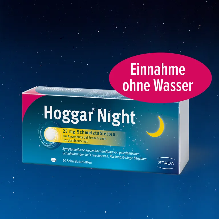 shopapotheke Hoggar® Night 25 mg Schmelztabletten zur praktischen Einnahme ohne Wasser bei akuten Ein- und Durchschlafstörungen Lagerräumung
