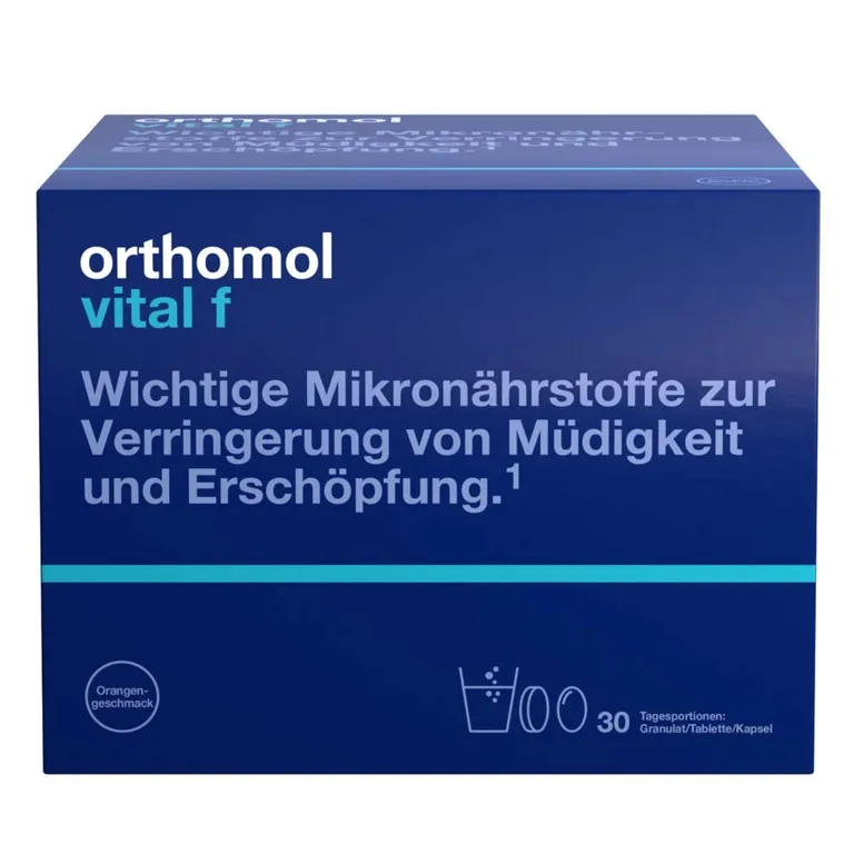 shopapotheke Orthomol Vital f für Frauen - bei Müdigkeit - mit B-Vitaminen Omega-3 und Magnesium - Granulat/Tabletten/Kapseln - Orangen-Geschmack Räumungsverkauf
