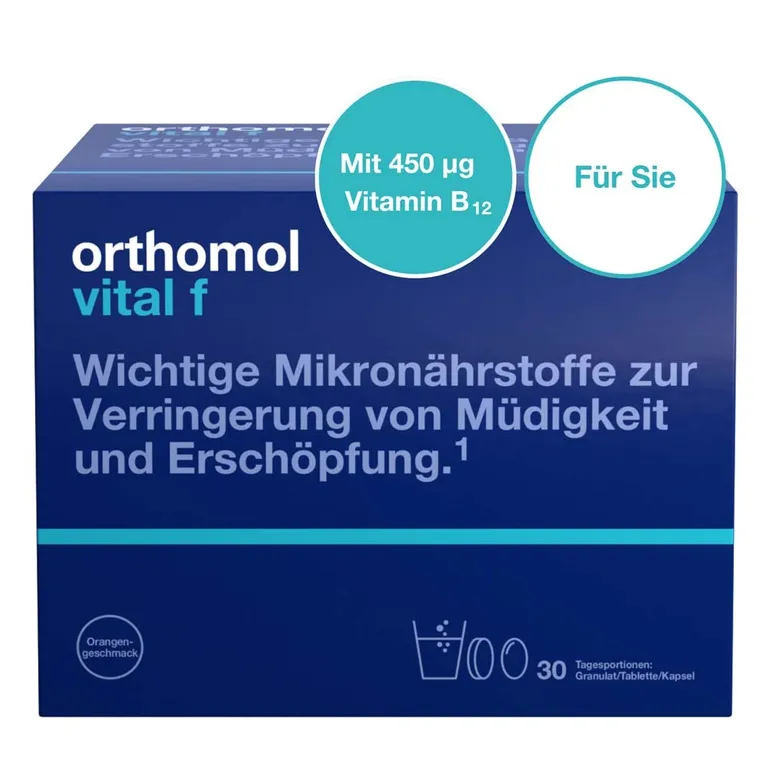 shopapotheke Orthomol Vital f für Frauen - bei Müdigkeit - mit B-Vitaminen Omega-3 und Magnesium - Granulat/Tabletten/Kapseln - Orangen-Geschmack Räumungsverkauf