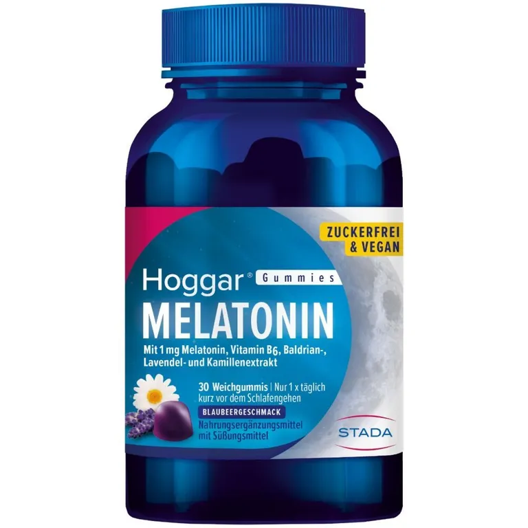 shopapotheke Hoggar® Melatonin Gummies: Angenehm schneller einschlafen. Weichgummis mit Blaubeergeschmack.1 mg Melatonin Vitamin B6 Baldrian- Lavendel- und Kamillenextrakt Letzte 2 Tage