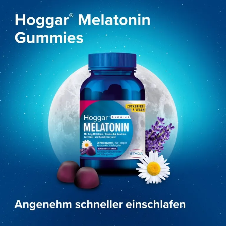 shopapotheke Hoggar® Melatonin Gummies: Angenehm schneller einschlafen. Weichgummis mit Blaubeergeschmack.1 mg Melatonin Vitamin B6 Baldrian- Lavendel- und Kamillenextrakt Letzte 2 Tage