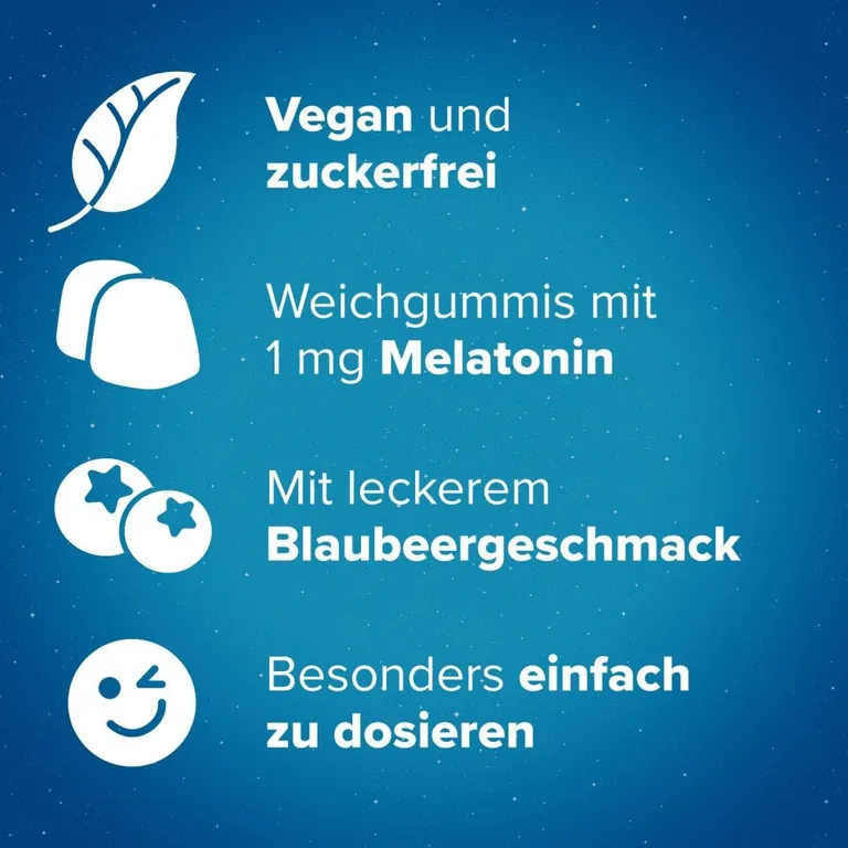 shopapotheke Hoggar® Melatonin Gummies: Angenehm schneller einschlafen. Weichgummis mit Blaubeergeschmack.1 mg Melatonin Vitamin B6 Baldrian- Lavendel- und Kamillenextrakt Letzte 2 Tage